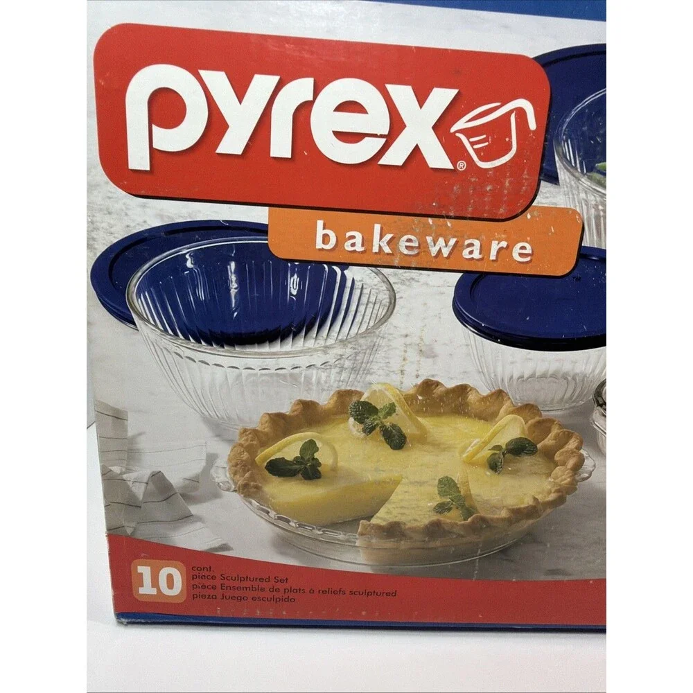 Pyrex Bakeware 10Pc Vintage Sculptured Set - 9x13, Pie, 2qt & Lid, Bowls & Lids
